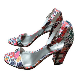 Worthington Beckwith Graphic Floral Block Heel Sandals Ankle Strap Artsy 7